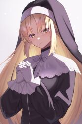 Rule 34 | 1girl, black dress, blonde hair, capelet, closed mouth, dress, gloves, habit, high collar, highres, interlocked fingers, long hair, long sleeves, looking at viewer, nijisanji, nun, own hands clasped, own hands together, praying, sidelocks, sister claire, sister claire (1st costume), smile, solo, traditional nun, upper body, virtual youtuber, wabimochi, white capelet, white gloves, yellow eyes, zipper, zipper dress