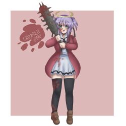 Rule 34 | angel, blood, blood on clothes, blood on face, bloody weapon, blush, bokusatsu tenshi dokuro-chan, clip studio paint (medium), club, club (weapon), dated, green eyes, grozako, halo, highres, holding, holding weapon, jacket, kanabou, mitsukai dokuro, open clothes, open jacket, purple hair, red jacket, spiked bat, watermark, weapon