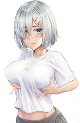 Rule 34 | 1girl, blue eyes, breasts, grabbing own breast, grey skirt, groin, hair ornament, hair over one eye, hairclip, hamakaze (kancolle), highres, kantai collection, kokuzou, large breasts, midriff peek, open mouth, pleated skirt, shirt, short hair, short sleeves, silver hair, simple background, skirt, solo, white background, white shirt