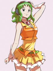 Rule 34 | 1girl, amulet, arm up, bare shoulders, belt, commentary, contrapposto, cowboy shot, crop top, dress, frilled skirt, frills, goggles, goggles on head, green hair, gumi, headset, layered dress, looking at viewer, medium hair, nippori honsha, pink background, red-tinted eyewear, sidelocks, skirt, solo, tinted eyewear, vocaloid, wrist cuffs, yellow dress