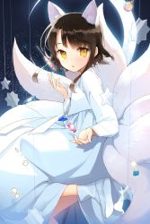 Rule 34 | 1girl, alternate costume, animal ears, brown hair, candy, crescent moon, dress, female focus, food, fox ears, fox tail, highres, kitsune, leg up, lollipop, mole, mole under eye, moon, night, open mouth, outstretched hand, parted bangs, salt (salty), short hair, short hair with long locks, sita vilosa, solo, star (symbol), sword girls, tail, yellow eyes