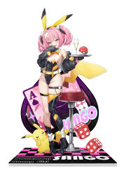 Rule 34 | 1girl, ace (playing card), ace of spades, alcohol, animal ears, arm strap, asymmetrical legwear, bandages, bandaid, bandaid hair ornament, bar stool, belt, black footwear, black hair, black jacket, black leotard, black thighhighs, bow, bowtie, breasts, card, chain, champagne, champagne flute, character name, chinese commentary, cleavage, copyright name, cosplay, creatures (company), cup, detached collar, dice, drinking glass, english text, fake animal ears, fake tail, fangs, game freak, gen 1 pokemon, grey eyes, groin, hair ornament, hand to own mouth, heart, heart o-ring, high belt, high heels, highleg, highleg leotard, highres, holding, holding plate, jacket, ji dan, knees together feet apart, leotard, looking at viewer, medium hair, multicolored hair, nintendo, off shoulder, open mouth, orange bow, orange bowtie, orange leotard, pigeon-toed, pikachu, pikachu (cosplay), pink hair, plate, playboy bunny, playing card, poke ball, poke ball (basic), pokemon, pokemon (anime), pokemon (creature), pokemon horizons, print bandaid, coral (pokemon), skin fangs, sleeves past fingers, sleeves past wrists, small breasts, solo, spade (shape), sparkle, standing, stool, strapless, strapless leotard, tail, thigh strap, thighhighs, traditional bowtie, twintails, two-tone hair, uneven legwear, white background
