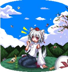Rule 34 | 1girl, ^^^, animal ears, arm up, blush stickers, cherry blossoms, cloud, day, detached sleeves, dog ears, dog tail, eating, female focus, food, grass, grey hair, hat, inubashiri momiji, lowres, onigiri, open mouth, petals, pixel art, red eyes, seiza, shield, short hair, sitting, sky, solo, tail, tokin hat, touhou, unk kyouso, wolf ears, wolf tail
