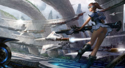 Rule 34 | 10s, 1girl, 2016, aircraft, airplane, artist name, ass, battle, black footwear, blue panties, blue shirt, boots, brown hair, building, commentary request, day, fighter jet, from behind, goggles, high ponytail, holding, holding weapon, jet, knee boots, long hair, m1 bazooka, mecha, military, military vehicle, noba, original, panties, pantyshot, pleated skirt, robot, rocket launcher, scenery, science fiction, shirt, skirt, sky, solo focus, standing, under construction, underwear, upskirt, weapon