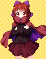 Rule 34 | 1girl, black shirt, bow, cape, commentary request, covered mouth, cowboy shot, crossed arms, hair bow, highres, long sleeves, miniskirt, polka dot, polka dot background, purple bow, red cape, red eyes, red hair, red skirt, ribbon-trimmed bow, ribbon-trimmed sleeves, ribbon trim, ruu (tksymkw), sekibanki, shirt, short hair, skirt, solo, standing, thighs, touhou, wide sleeves, yellow background