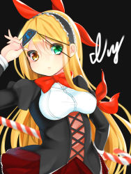Rule 34 | 1girl, black background, blonde hair, bow, candy, candy cane, character name, chuunibyou, cowboy shot, expressionless, eyepatch, flower knight girl, food, green eyes, hairband, heterochromia, impossible clothes, ivy (flower knight girl), kkmm 0216, long hair, looking at viewer, meme attire, red bow, red skirt, skirt, solo, underbust, virgin killer outfit, yellow eyes