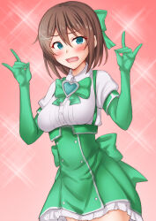 Rule 34 | 1girl, anti (untea9), blue eyes, blush, breasts, brooch, brown hair, elbow gloves, embarrassed, gloves, gradient background, green gloves, green skirt, hair ornament, hairclip, heart, heart brooch, highres, jewelry, kantai collection, large breasts, looking at viewer, mahou shoujo ni akogarete, maya (kancolle), open mouth, pink background, shirt, short hair, skirt, solo, white shirt, x hair ornament