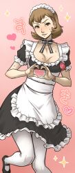 Rule 34 | 1girl, alternate costume, apron, black bow, black bowtie, black dress, black footwear, blush, bow, bowtie, breasts, brown eyes, brown hair, choker, cleavage, collarbone, dress, earrings, embarrassed, foot out of frame, frilled apron, frilled choker, frilled dress, frills, gradient background, heart, heart hands, highres, jewelry, knees together feet apart, looking at viewer, maid apron, maid headdress, medium breasts, medium hair, pantyhose, parted lips, persona, persona 3, pink background, puffy short sleeves, puffy sleeves, short sleeves, smile, solo, sparkle, stud earrings, tobatoinu, toriumi isako, watch, white apron, white bow, white bowtie, white pantyhose, wristwatch