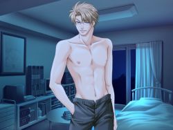 Rule 34 | 1boy, bedroom, blonde hair, glasses, kichiku megane, male focus, navel, nipples, saeki katsuya, topless male, short hair, smile