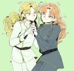 Rule 34 | 2boys, alternate color, alternate hair color, belt, bishoujo senshi sailor moon, bishoujo senshi sailor moon (first season), blonde hair, cowboy shot, gloves, green background, heart, holding hands, long hair, looking at another, low ponytail, lycoriscoris0813 (12), male focus, multiple boys, parted bangs, ponytail, sidelocks, simple background, smile, sparkle, time paradox, uniform, zoisite (sailor moon)
