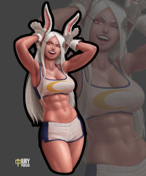 Rule 34 | 1girl, abs, animal ears, armpits, arms up, artist name, bare shoulders, basketball uniform, black outline, boku no hero academia, breasts, cosplay, cowboy shot, crop top, dark-skinned female, dark skin, female focus, gloves, grey background, iury padilha, large breasts, lola bunny (cosplay), long hair, looking at viewer, midriff, mirko, muscular, muscular female, navel, one eye closed, outline, rabbit ears, rabbit pose, red eyes, short shorts, shorts, smile, solo, space jam, sportswear, sweat, thighs, white gloves, white hair, wink, zoom layer