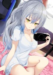 Rule 34 | 1girl, absurdres, breasts, cleavage, collarbone, dutch angle, gradient hair, grey hair, handheld game console, highres, holding, indian style, indoors, large breasts, long hair, long shirt, looking at viewer, multicolored hair, original, parted lips, playstation portable, ponytail, shirt, short sleeves, sitting, solo, thighs, white shirt, yamato (muchuu paradigm), yellow eyes