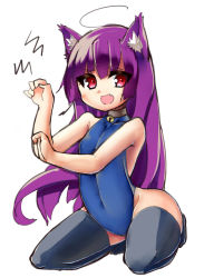 Rule 34 | akai ikuto, animal ears, cat ears, competition swimsuit, fang, highres, kneeling, long hair, one-piece swimsuit, open mouth, original, paw pose, purple hair, red eyes, smile, solo, swimsuit, thighhighs, very long hair
