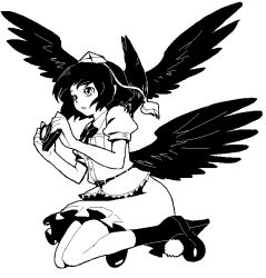 Rule 34 | 1girl, bird, camera, crow, expressionless, female focus, greyscale, hat, looking away, looking up, monochrome, open mouth, shameimaru aya, shiba itsuki, short hair, simple background, sketch, skirt, solo, tokin hat, touhou, white background, wings