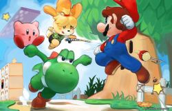Rule 34 | 1girl, 3boys, animal crossing, animal ears, bell, brown footwear, clenched hands, clenched teeth, dodging, dog ears, dog girl, dog tail, facial hair, fence, fighting, fishing rod, flower, gloves, grass, hair bell, hair ornament, hat, isabelle (animal crossing), jumping, kirby, kirby (series), licking lips, mario, mario (series), midair, motion blur, multiple boys, mustache, nintendo, open mouth, overalls, overlord jc, parted lips, skirt, star (symbol), super smash bros., tail, teeth, tongue, tongue out, topknot, tree, whispy woods, white gloves, yoshi