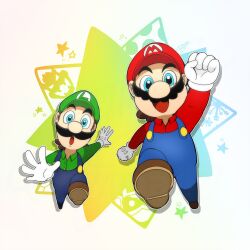 Rule 34 | 2boys, blue eyes, bowser, brothers, brown hair, facial hair, gloves, grin, hand up, hat, highres, looking at viewer, luigi, mario, mario (series), multiple boys, mustache, nintendo, open mouth, overalls, siblings, smile, snowflakes, yoshi egg