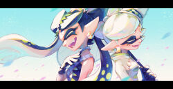 Rule 34 | 2girls, :d, back-to-back, black gloves, black hair, bow-shaped hair, callie (splatoon), closed eyes, cousins, earrings, fangs, food, food on head, gloves, hand on own chest, hand up, holding, holding umbrella, inkling, jewelry, letterboxed, marie (splatoon), mole, mole under eye, multiple girls, neck ring, nintendo, object on head, open mouth, over shoulder, pointy ears, short eyebrows, smile, splatoon (series), splatoon 3, teeth, tentacle hair, teo (teorekka), umbrella, white hair