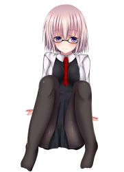 Rule 34 | 1girl, absurdres, black dress, black pantyhose, cardigan, dress, fate/grand order, fate (series), glasses, highres, mash kyrielight, necktie, open cardigan, open clothes, pantyhose, pink hair, purple eyes, red necktie, short hair, simple background, sitting, smile, solo, white background, winter (winterinkoakuma), zipper