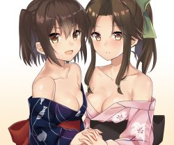 Rule 34 | 2girls, :d, alternate costume, bare shoulders, blue kimono, blush, bow, breasts, brown eyes, brown hair, cleavage, collarbone, from side, gradient background, green bow, hair between eyes, hair bow, holding hands, interlocked fingers, japanese clothes, jintsuu (kancolle), kantai collection, kimono, long sleeves, multiple girls, obi, off shoulder, open mouth, parted bangs, parted lips, pink background, pink kimono, ponytail, sash, sendai (kancolle), short hair, sidelocks, small breasts, smile, two side up, upper body, v-shaped eyebrows, white background, yuzuttan