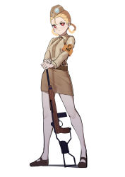 Rule 34 | 1girl, armband, black footwear, blonde hair, braid, brown hat, brown necktie, brown shirt, brown skirt, closed mouth, commentary, dress shirt, emblem, flats, frown, full body, garrison cap, girls&#039; frontline, gun, hair pulled back, hat, highres, holding, holding gun, holding weapon, long sleeves, looking at viewer, m1 carbine, m1a1 carbine, m2 (girls&#039; frontline), military, military hat, military uniform, miniskirt, necktie, pantyhose, pencil skirt, red eyes, shirt, shoes, short hair, simple background, skirt, solo, standing, suspenders, tight skirt, twin braids, uniform, warashi, weapon, white background, white pantyhose, wing collar