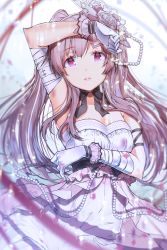 Rule 34 | 1girl, arm up, armlet, armpits, bandages, bare shoulders, commentary request, dress, flower, gloves, grey hair, hair flower, hair ornament, idolmaster, idolmaster shiny colors, long hair, looking at viewer, parted lips, purple eyes, sidelocks, solo, twintails, white dress, white gloves, yae (mono110), yukoku kiriko