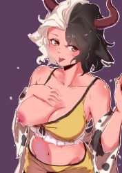 Rule 34 | 1girl, :p, absurdres, animal ears, animal print, bare shoulders, black hair, blush, breasts, brown eyes, cleavage, clothes pull, collarbone, cow ears, cow horns, cow print, cowboy shot, crop top, fangs, groin, hand on own chest, hand up, haori, highres, horns, japanese clothes, lactation, large breasts, long sleeves, looking at viewer, midriff, multicolored hair, navel, nipples, off shoulder, one breast out, outline, purple background, short hair, silver hair, simple background, skirt, skirt set, smile, solo, spaghetti strap, split-color hair, sports bra, sports bra pull, stomach, tongue, tongue out, touhou, tuck (tuck23978434), two-tone hair, ushizaki urumi, white outline, wide sleeves, yellow skirt