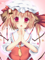 Rule 34 | 1girl, animal ears, bell, blonde hair, blush, dog ears, embodiment of scarlet devil, female focus, flandre scarlet, hat, necktie, open mouth, own hands together, red eyes, shinonome ukyu, solo, touhou
