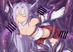 Rule 34 | 1girl, armpits, arms up, bar censor, blush, braid, breasts, censored, clenched teeth, closed eyes, crop top, double bun, grey hair, hair between eyes, hair bun, hakama, hakama short skirt, hakama skirt, horns, ibuki notsu, japanese clothes, nipple stimulation, nipple tweak, nipples, nontraditional miko, original, penis tentacle, pleated skirt, pointy ears, red skirt, ribbon-trimmed legwear, ribbon-trimmed sleeves, ribbon trim, sidelocks, skirt, small breasts, solo, speech bubble, teeth, tentacles, thick eyebrows, thighhighs, torn clothes, tsurime, white thighhighs