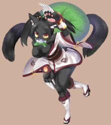Rule 34 | 1girl, animal ears, black footwear, black hair, black skin, breasts, brown background, cat ears, cat girl, cat tail, claws, cleavage, colored skin, commentary request, fish, fish in mouth, full body, furry, furry female, geta, highres, japanese clothes, kimono, kyuumei neko (onmyoji), large breasts, lets0020, long hair, looking at viewer, multiple tails, obi, onmyoji, sash, simple background, slit pupils, socks, solo, tabi, tail, tengu-geta, twintails, two tails, whiskers, white kimono, white socks, yellow eyes