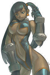 Rule 34 | 1girl, 2010, alien1452, armor, breasts, center opening, covered erect nipples, dark-skinned female, dark skin, dated, green eyes, green hair, highres, large breasts, long hair, matching hair/eyes, narrow waist, original, side ponytail, simple background, solo, thighhighs, toned, underboob, very long hair, white background