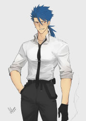 Rule 34 | 1boy, absurdres, alternate costume, belt, blue hair, collared shirt, cowboy shot, cu chulainn (fate), cu chulainn (fate) (all), cu chulainn (fate/prototype), dated, dress shirt, earrings, fate/prototype, fate (series), gloves, grey background, grin, hand in pocket, highres, hoop earrings, jewelry, long hair, looking to the side, male focus, multiple piercings, necktie, pants, pony (animal), ponytail, red eyes, shirt, signature, simple background, sleeves rolled up, smile, smoke, solkorra, solo, spiked hair, tie clip, type-moon