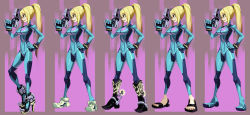 Rule 34 | 1girl, alex ahad, alternate footwear, blonde hair, blue eyes, bodysuit, boots, breasts, collage, costume chart, covered navel, cowboy boots, full body, gloves, gun, hand on own hip, handgun, high heel boots, high heels, large breasts, long hair, metroid, mole, mole under mouth, neon trim, nintendo, pistol, ponytail, rocket boots, samus aran, sandals, shoes, skin tight, sneakers, solo, spurs, standing, super smash bros., toes, weapon, zero suit