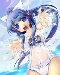 Rule 34 | circled 9, 1girl, alternate hairstyle, blue eyes, blue hair, blush, bow, cirno, day, hair bow, highres, ice, ice wings, long hair, matching hair/eyes, one-piece swimsuit, open mouth, ponytail, school swimsuit, sesield, short hair, smile, solo, splashing, swimsuit, touhou, water, wet, wet clothes, white school swimsuit, white one-piece swimsuit, wings