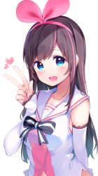 Rule 34 | 1girl, :d, black bow, blue eyes, blush, bow, breasts, brown hair, chikuwa., commentary request, detached sleeves, fingernails, hair ribbon, hairband, hand up, heart, kizuna ai, kizuna ai inc., long hair, long sleeves, looking at viewer, medium breasts, multicolored hair, nail polish, navel, open mouth, pink hair, pink hairband, pink nails, pink ribbon, ribbon, round teeth, sailor collar, shirt, sleeveless, sleeveless shirt, sleeves past wrists, smile, solo, streaked hair, striped, striped bow, teeth, upper body, upper teeth only, v, very long hair, virtual youtuber, white sailor collar, white shirt