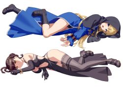 Rule 34 | 2girls, absurdres, black thighhighs, blonde hair, blue dress, blue eyes, boots, braid, breasts, brown eyes, brown hair, commission, crossover, dead or alive, defeat, dress, elbow gloves, full body, gloves, goeniko, highres, lei fang, long hair, long sleeves, looking at viewer, lying, m.u.g.e.n, medium breasts, multiple girls, navel, nun, on side, pixiv commission, snk, tecmo, the king of fighters, thighhighs, transparent background, twin braids, yagi2013