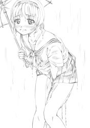 Rule 34 | 1girl, between legs, blush, bow, bowtie, closed mouth, embarrassed, female focus, flat chest, greyscale, hairband, hand between legs, hand up, have to pee, holding, holding umbrella, knees together feet apart, leaning forward, long sleeves, looking to the side, miniskirt, monochrome, nose blush, original, peeing, peeing self, pleated skirt, rain, ruishii, sailor collar, school uniform, serafuku, shirt, short hair, simple background, skirt, solo, standing, umbrella, wet, wet clothes, wet hair, wet shirt, white background