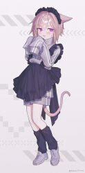 Rule 34 | 1girl, :d, animal ears, apron, black apron, black leg warmers, cat ears, cat girl, cat tail, final fantasy, final fantasy xiv, full body, funa (sakana), grey jacket, highres, jacket, jersey maid, leg warmers, light brown hair, long sleeves, looking at viewer, maid, maid apron, maid headdress, miqo&#039;te, open mouth, purple eyes, shoes, short hair, simple background, sleeves past fingers, sleeves past wrists, smile, sneakers, solo, tail, track jacket, twitter username, unconventional maid, warrior of light (ff14), white background, white footwear