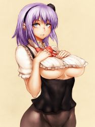 Rule 34 | 10s, 1girl, adapted costume, blue eyes, breast suppress, breasts, brown background, dagashi kashi, flower, fumio (rsqkr), hair flower, hair ornament, hairband, large breasts, long hair, looking at viewer, pantyhose, parted lips, purple hair, raised eyebrows, shidare hotaru, simple background, solo, underboob, underbust