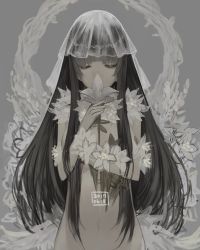 Rule 34 | 1girl, black hair, closed eyes, covered mouth, dated, facing viewer, flower, flower over mouth, grey background, grey theme, hands up, holding, holding flower, long hair, navel, original, rayvon, sidelocks, simple background, solo, upper body, veil, white flower
