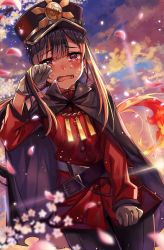 Rule 34 | 1boy, bad id, bad pixiv id, belt, black hair, black pants, blurry, blush, cape, cherry blossoms, clenched hands, crying, crying with eyes open, depth of field, dutch angle, fate/grand order, fate (series), gloves, hair between eyes, hat, highres, long hair, low ponytail, male focus, moze, oda nobukatsu (fate), one eye closed, open mouth, outdoors, pants, petals, red eyes, red shirt, shirt, solo, sparkle, standing, sunset, tears, very long hair, white gloves
