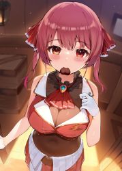 Rule 34 | 1girl, breasts, brown eyes, candy, chocolate, chocolate heart, cleavage, covered navel, food, gloves, hana mori, heart, heterochromia, highres, hololive, houshou marine, indoors, large breasts, looking at viewer, mouth hold, red eyes, red hair, see-through, see-through cleavage, short hair, solo, twintails, valentine, virtual youtuber, white gloves