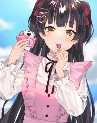 Rule 34 | 1girl, absurdres, baskin-robbins, black hair, black ribbon, blouse, blue sky, blunt bangs, blurry, blurry background, closed mouth, cloud, commentary, day, eyelashes, food, frills, hair ornament, hair ribbon, hands up, heart, heart hair ornament, highres, holding, holding spoon, ice cream, idolmaster, idolmaster shiny colors, long hair, looking at viewer, mayuzumi fuyuko, neck ribbon, outdoors, red ribbon, ribbon, seinarazu, shirt, sky, solo, spoon, upper body, white shirt