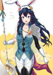 Rule 34 | 1girl, alternate costume, ameno (a meno0), animal ears, bad id, bad twitter id, bare arms, blue eyes, blue hair, carrot, chrom (fire emblem), chrom (fire emblem) (cosplay), chrom (spring) (fire emblem), cosplay, easter, fire emblem, fire emblem awakening, fire emblem heroes, gloves, highres, lance, light blush, long hair, lucina (fire emblem), nintendo, open mouth, polearm, rabbit ears, smile, solo, spear, symbol-shaped pupils, weapon