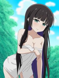 Rule 34 | 1girl, aqua eyes, bare shoulders, black hair, blurry, blurry background, bocchi the rock!, breasts, chin piercing, cleavage, colored inner hair, ear piercing, highres, hime cut, large breasts, long hair, looking at viewer, multicolored hair, naked towel, outdoors, pa-san, piercing, purple hair, smile, solo, thundradrawings, towel, two-tone hair, very long hair, white towel