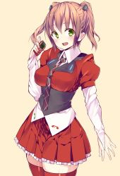 Rule 34 | 1girl, black neckwear, blush, bonkiru, brown hair, cellphone, green eyes, highres, holding, holding phone, looking at viewer, open mouth, original, personification, phone, red skirt, red thighhighs, short twintails, skirt, smile, solo, thighhighs, twintails