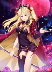 Rule 34 | 1girl, al (ahr), asymmetrical legwear, asymmetrical sleeves, black leotard, black thighhighs, blonde hair, bow, breasts, brown eyes, bug, butterfly, cape, diadem, ereshkigal (fate), fate/grand order, fate (series), floating hair, hair bow, highres, holding, insect, leotard, long hair, long sleeves, looking at viewer, medium breasts, moon, petals, red bow, red cape, red moon, sideboob, single sleeve, single thighhigh, solo, standing, thighhighs, uneven legwear, uneven sleeves, very long hair