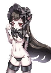 Rule 34 | 10s, 1girl, abyssal ship, bad id, bad pixiv id, black hair, bonnet, breasts, detached sleeves, grin, horns, isolated island oni, kantai collection, long hair, lowleg, lowleg panties, medium breasts, mp0159, navel, nipples, pale skin, panties, red eyes, side-tie panties, simple background, single horn, small breasts, smile, solo, striped clothes, striped panties, thighhighs, underwear, white background