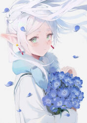 Rule 34 | 1girl, blue flower, bouquet, earrings, elf, expressionless, floating hair, flower, frieren, from side, highres, holding, holding bouquet, holding flower, jewelry, long hair, looking at viewer, looking to the side, nemophila (flower), parted bangs, petals, pointy ears, scarf, shirt, sidelocks, solo, sousou no frieren, thick eyebrows, twintails, upper body, white hair, white shirt, wind, yamiiv