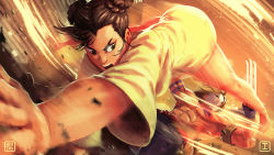 Rule 34 | 1boy, 1girl, abs, alternate costume, armlet, barefoot, battle, brown eyes, brown hair, capcom, chest tattoo, chun-li, claw (weapon), commentary, double bun, english commentary, hair bun, heyjay, highres, in the face, kicking, legs, mask, masked, motion blur, muscular, muscular male, pajamas, pectorals, short hair, shouting, snake tattoo, speed lines, spinning bird kick, street fighter, street fighter ii: the animated movie, street fighter ii (movie), street fighter ii (series), tattoo, teeth, thick thighs, thighs, upper teeth only, upside-down, vega (street fighter), weapon