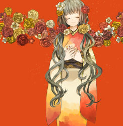 Rule 34 | 1girl, brown flower, brown rose, buzz (moi), closed eyes, fingernails, flower, hair flower, hair ornament, japanese clothes, kimono, orange background, orange flower, orange rose, orange theme, original, red flower, red rose, rose, seigaiha, simple background, solo, twintails, yellow flower, yellow rose